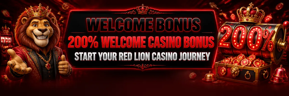 Cheerful crowned lion mascot leaning on a glowing red slot machine in a lavish dark casino hall